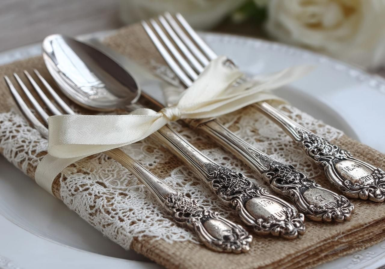 Silverware elegantly arranged on a lace napkin, adorned with decorative ribbons for a refined table setting.